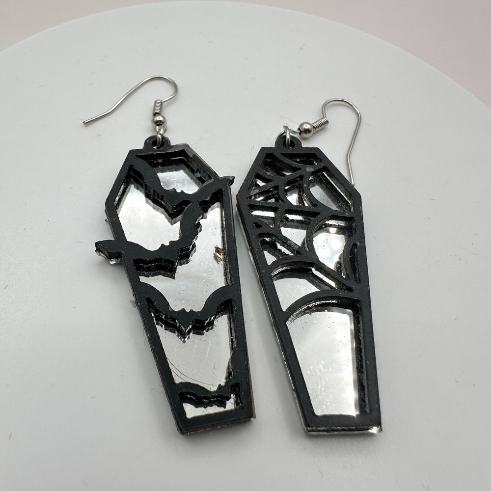 Vintage 90s Y2K Bat Spider Web Coffin Mirror Dangle Earrings Women's